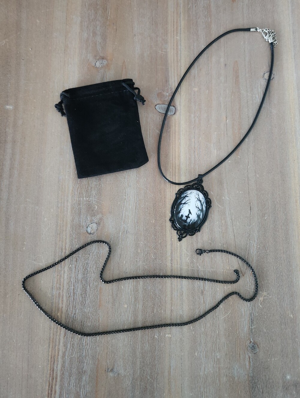 Gothic Raven Cemetery Cameo Pendant Necklace Black Chain & Cord Set